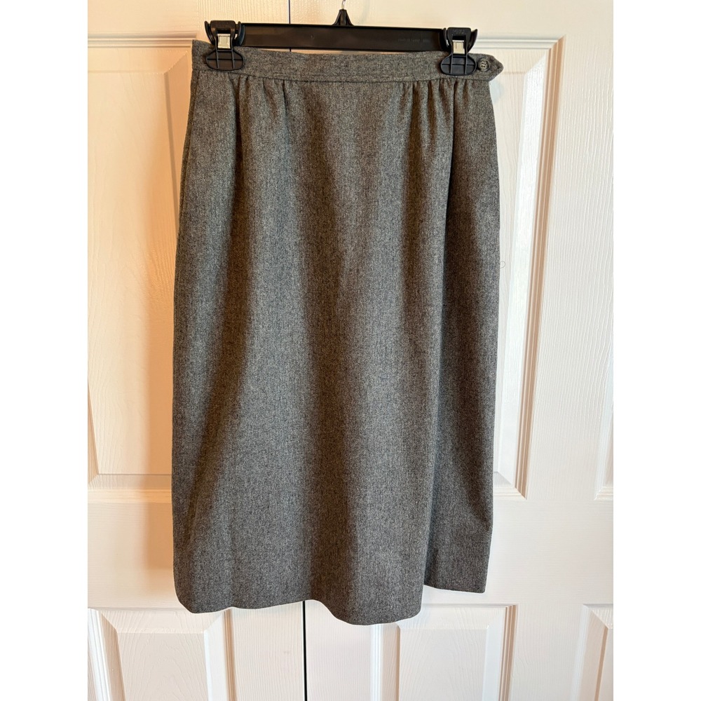 Vintage Gray Wool Blend Midi Skirt High Waisted Pleated Side Pockets Size 8